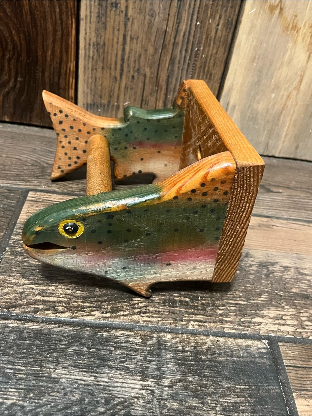Handcrafted Green & Pink Trout Fish Toilet Paper Holder